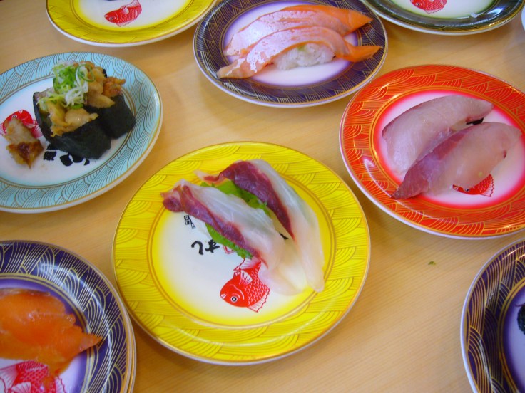 types of sushi: nigirizushi in a Japanese sushi restaurant